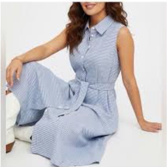 Christopher & Banks Dresses & Skirts - Christopher & Banks Blue/white plaid seersucker belted shirt dress size 14